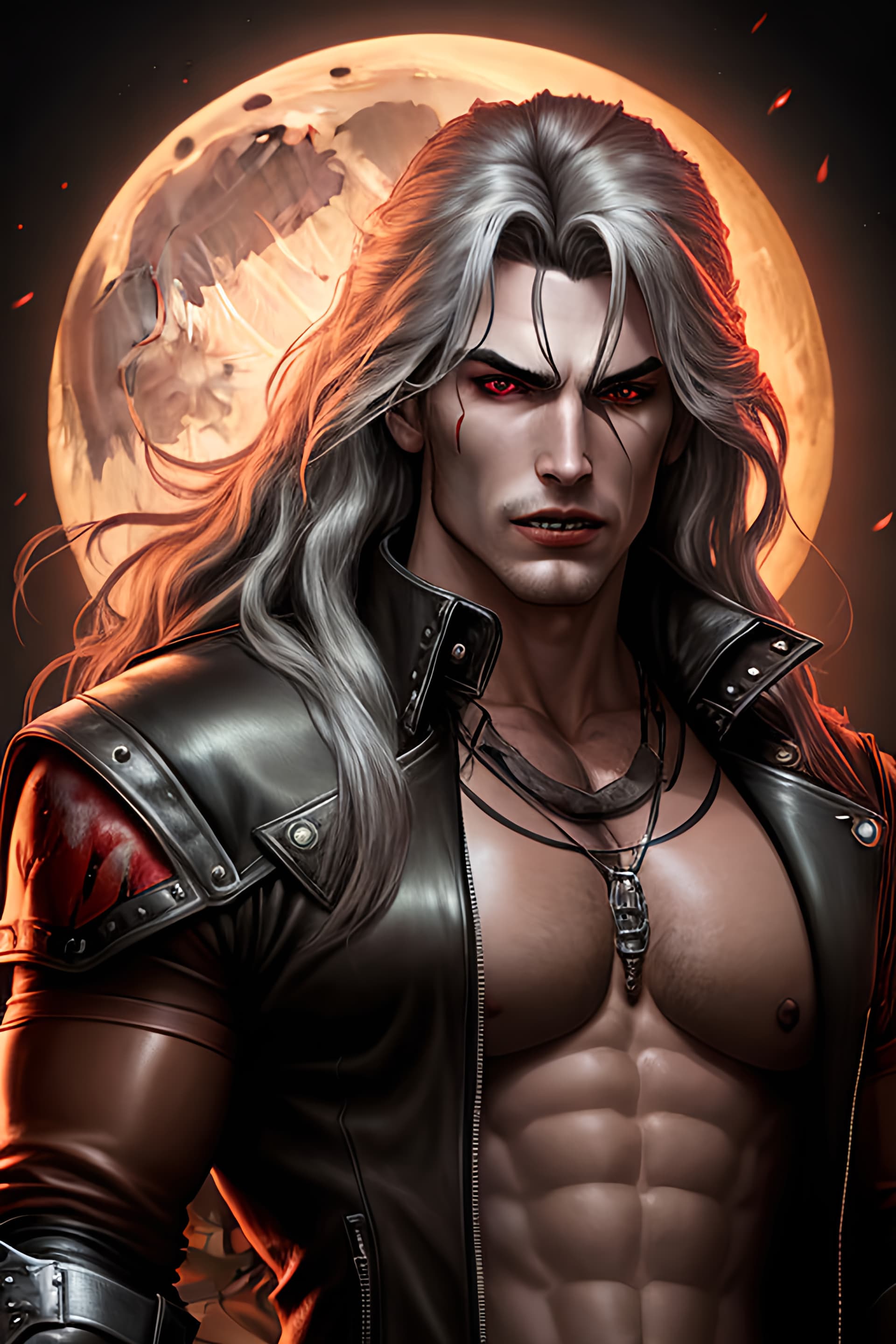 AI generated: A half body portrait of simon belmont as a vampire from castlevania, fantasy Goth style, muscular, l...
