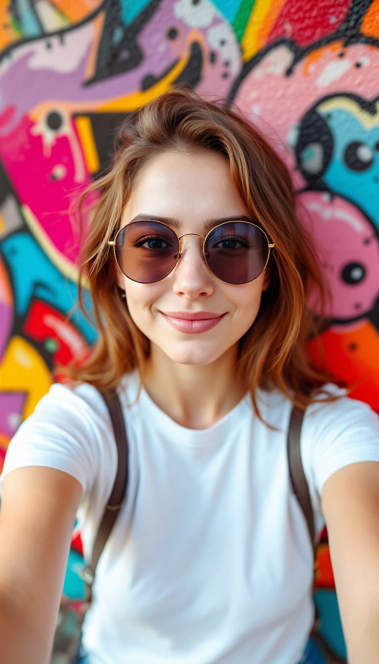 AI generated: A young Caucasian woman with brown hair wearing sunglasses and a white t-shirt, standing in front of...