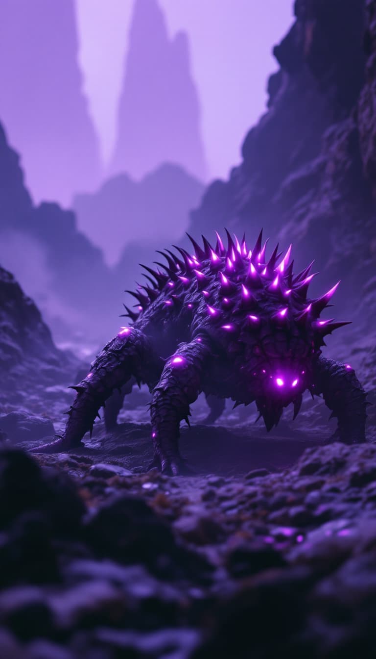 AI generated:  strange and alien Hallucigenia creature, crawling through a foggy, prehistoric landscape. Its body ...