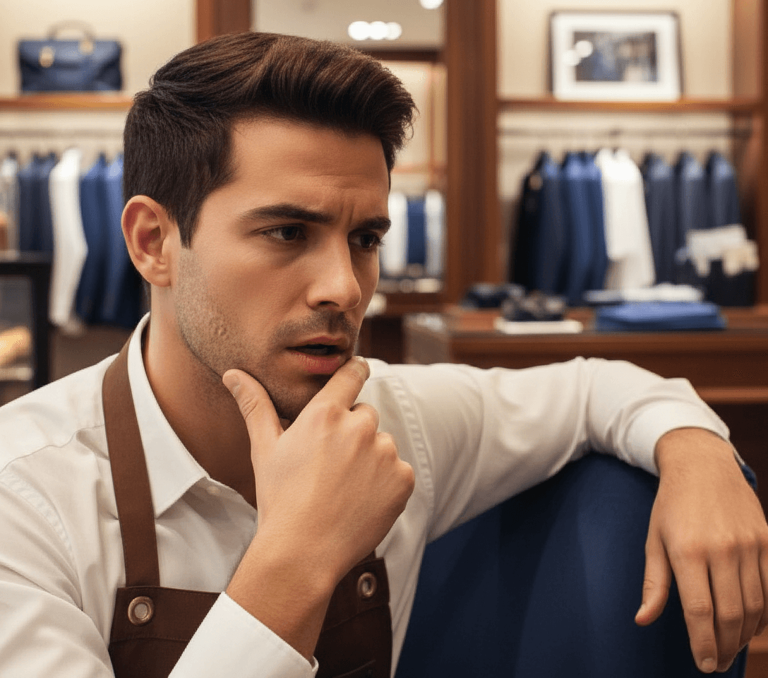 AI generated:  At a very luxurious men's clothing store. The Hispanic male is slender, he is 5 feet tall, he is we...