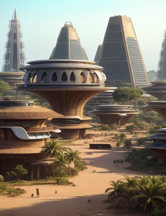 AI generated: a beautiful african futuristic urban city based on the architecture of a bamiléké tribe in cameroon