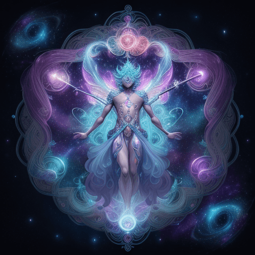 AI generated: A cosmic god of dreams, adorned in celestial attire and wielding magical wands, dances amidst swirli...