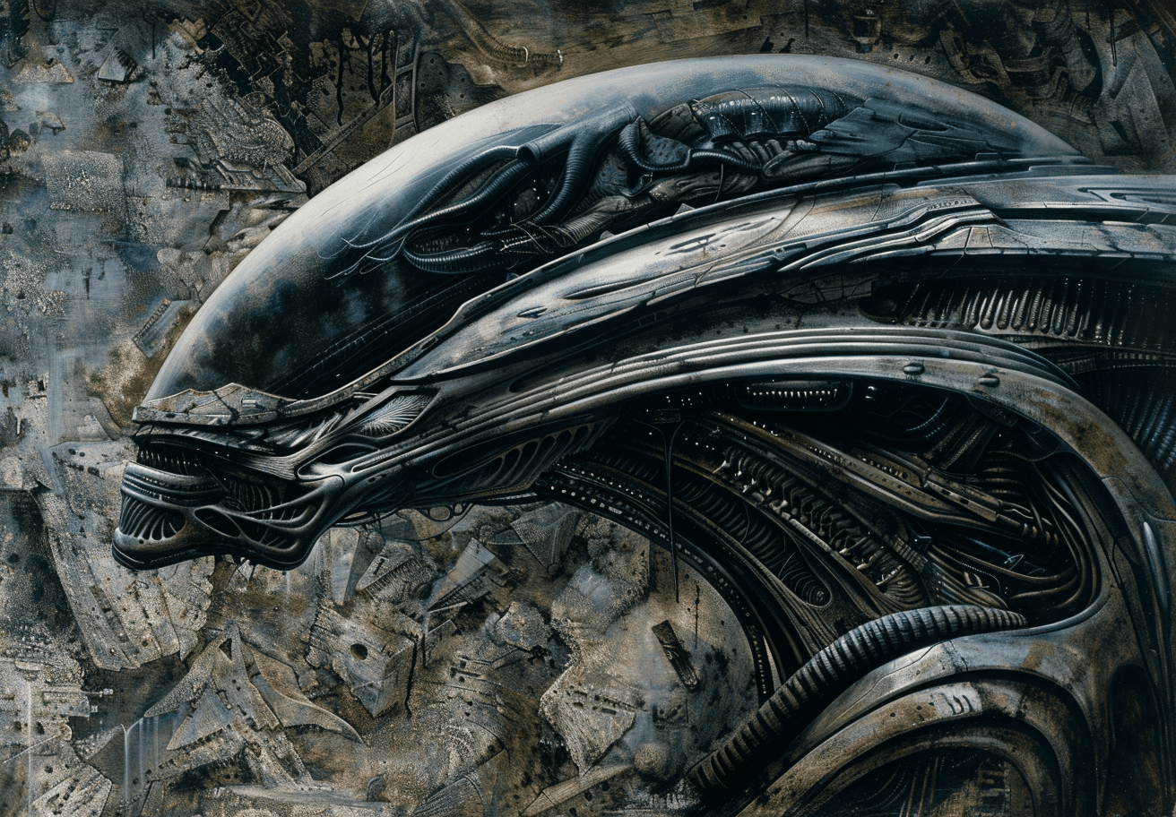 AI generated: Hr Giger's painting depicting the alien from "Dune" in his helmet, closeup of an anthropomorphic cre...