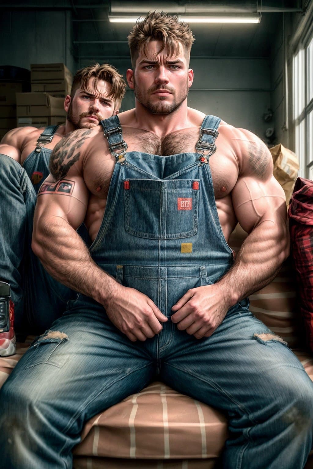 AI generated: action packed, Photography, full-length, realistic, two tired muscular loaders, in work overalls, si...