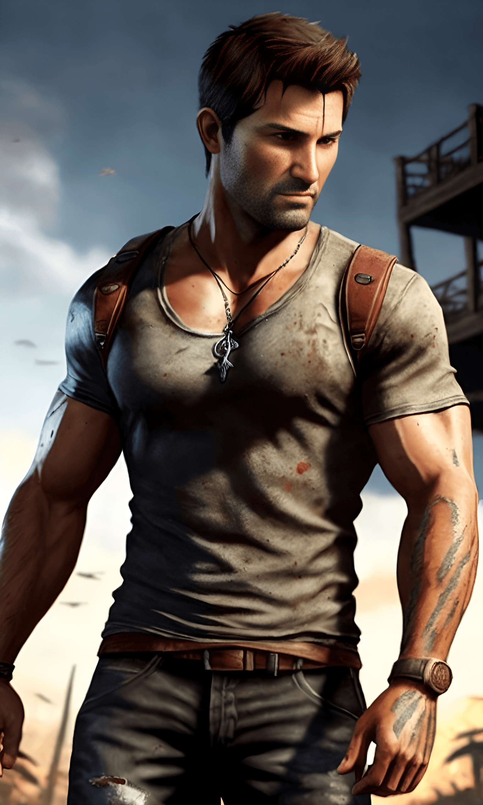 AI generated: A portrait of a younger version of Nathan Drake from the Uncharted Game Series, strong muscular, tat...