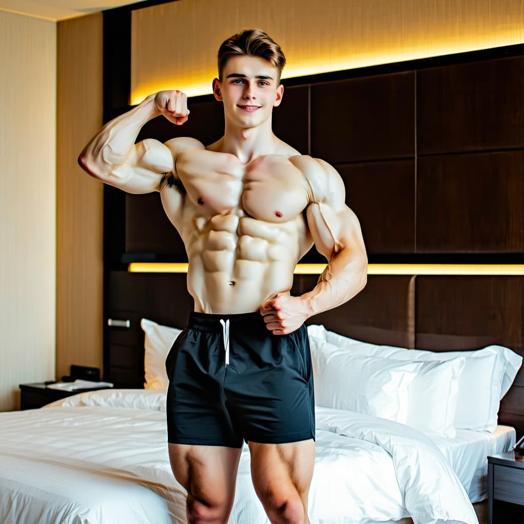 AI generated: Male 20-year-old bodybuilder  wearing shorts, Flexing his right biceps, standing in hotel bedroom