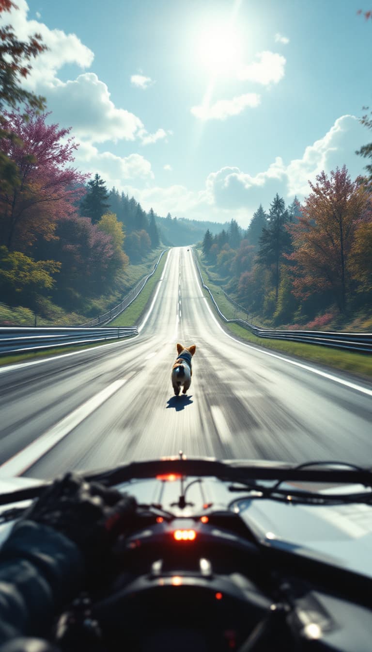 AI generated: Summer. The first racing car racing on the track.  From the car window, far around the bend, you can...