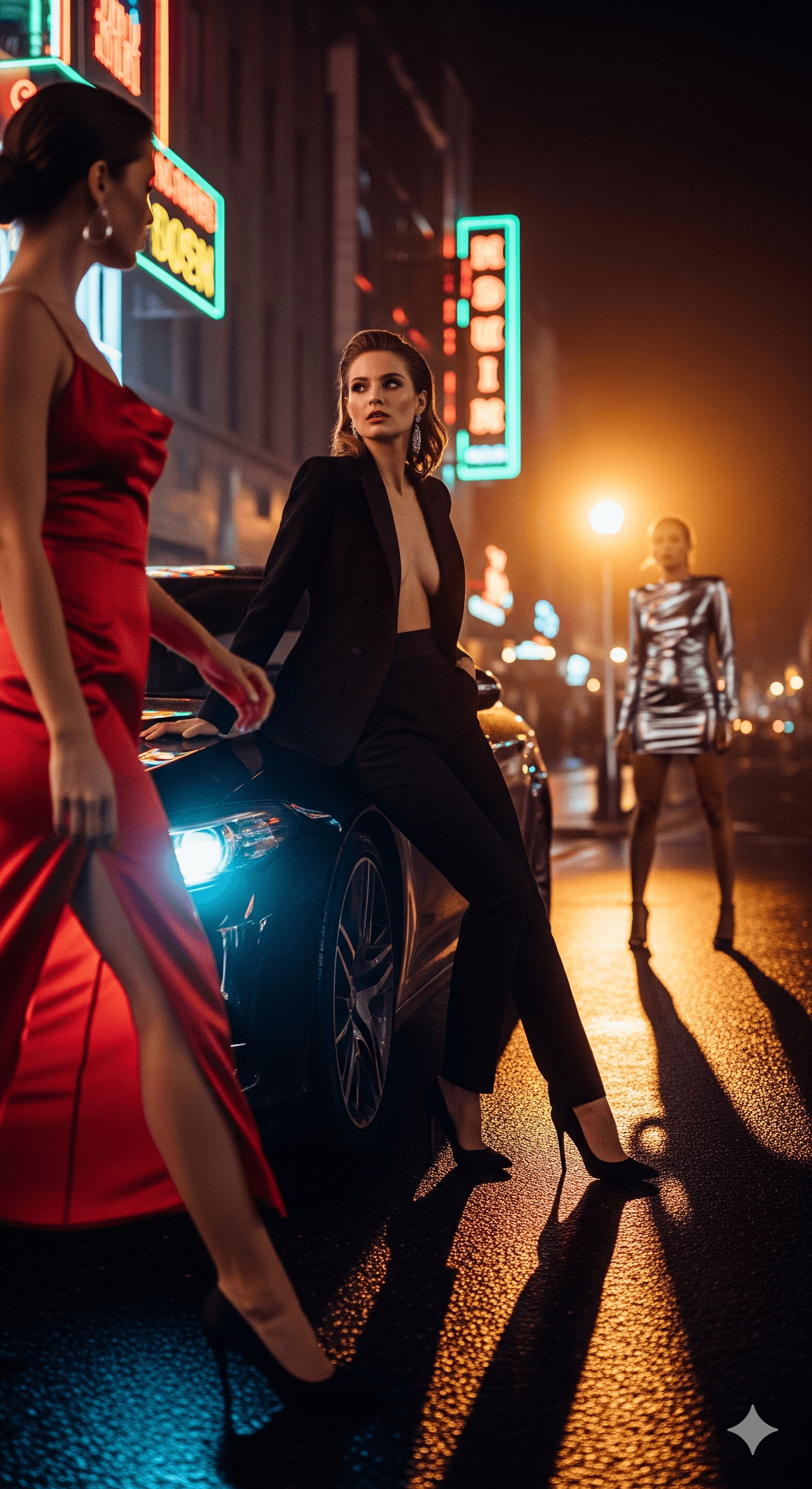 AI generated: A cinematic GQ-style editorial scene: A glamorous woman in a tailored black tuxedo jacket with nothi...