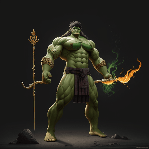 AI generated: Hulk, Indian mythology, one piece character, symmetric body, holding a three-pronged spear full body...