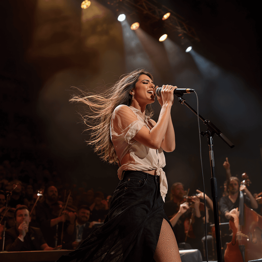 AI generated: Female singer on stage, performing a dramatic and emotional power ballad, conveying heartbreak, long...