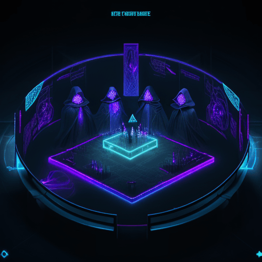 AI generated: A group of hooded figures huddle over a flickering holographic table, their faces obscured by shadow...
