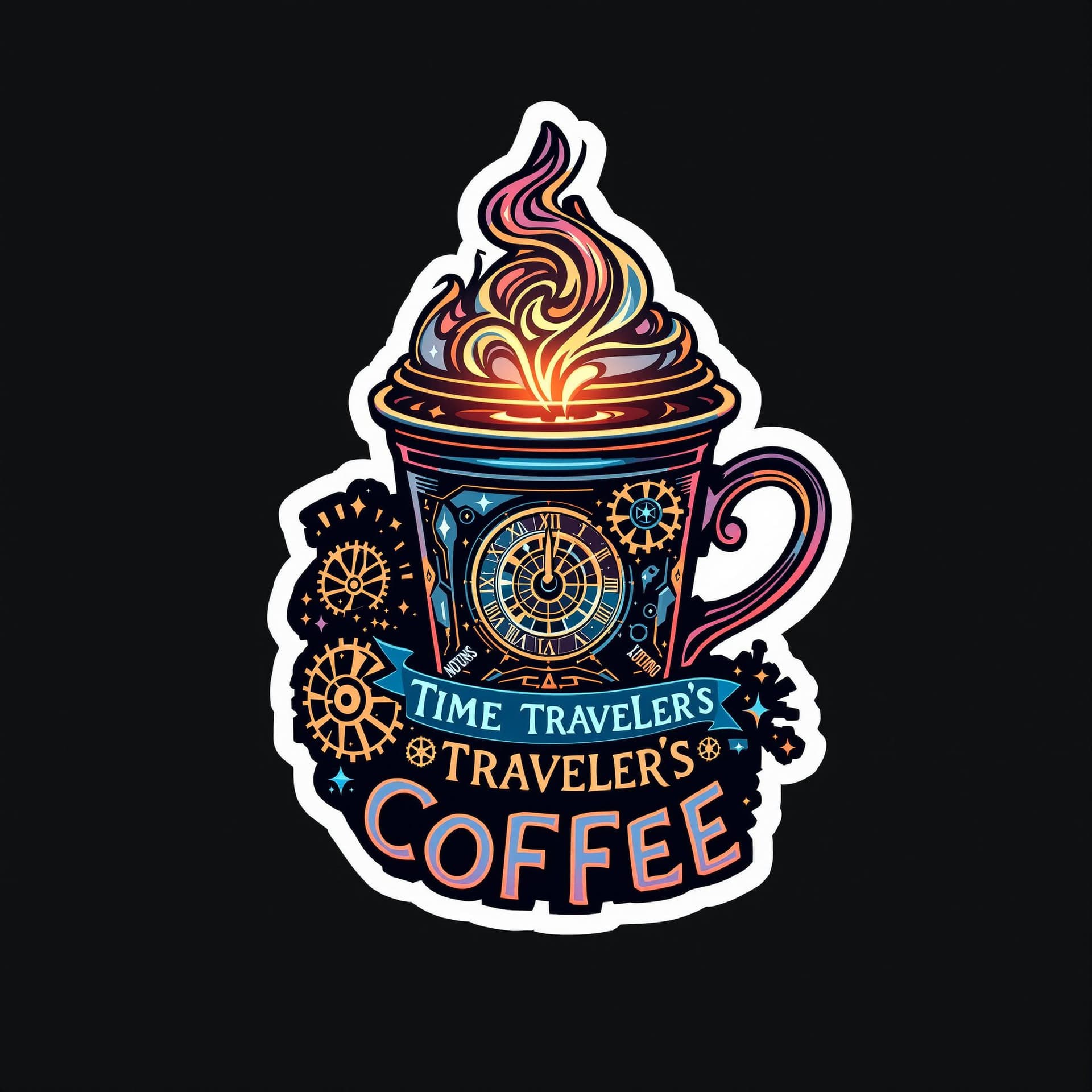 AI generated: "A compact and detailed sticker design showcasing a time-machine-inspired coffee cup surrounded by s...