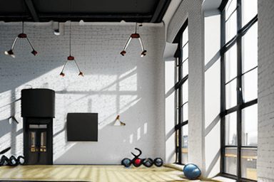 AI generated: High-resolution photography of interior design, of a gym inside a building with surrounding apartmen...