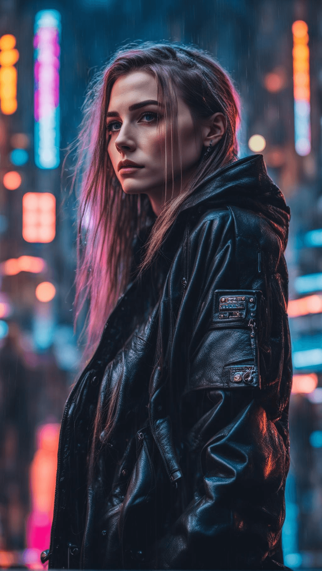 AI generated: Perfectly centered Portrait of a cyberpunk girl, long hairs tied back, looking up, raining, wearing ...