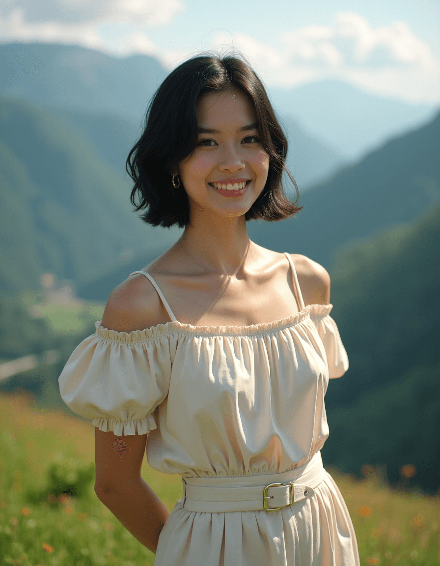AI generated: beautiful girl standing with beautiful vally in background, age 20, black short hair, waist shot, dy...