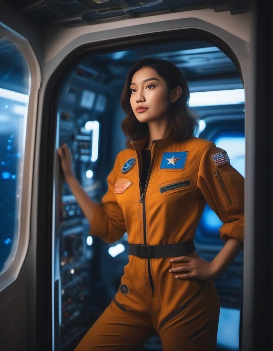 AI generated: girl in a jumpsuit looking at the window of a space ship