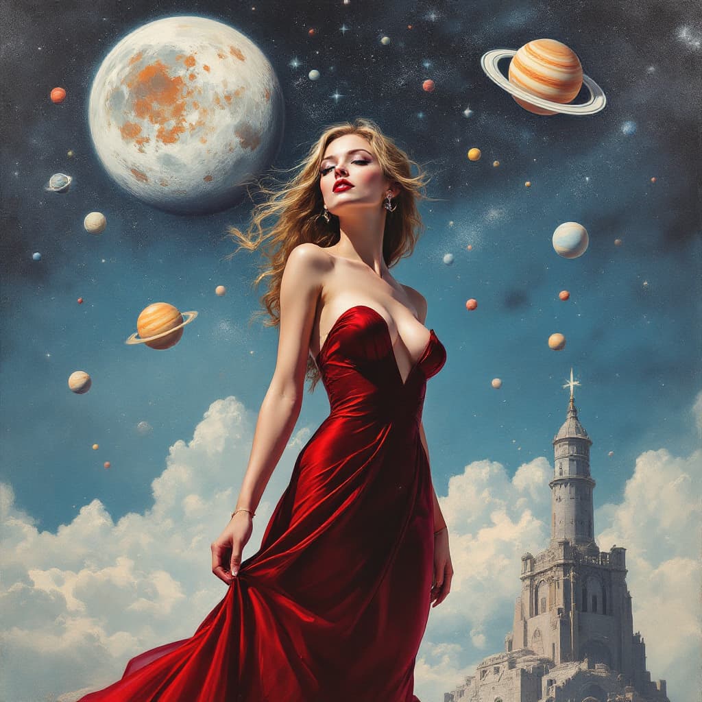 AI generated: a painting of a woman in a dark red dress, heavy metal comic cover art, space theme, pin-up girl, si...