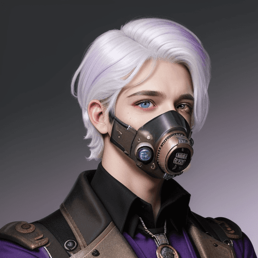 AI generated: steampunk man, white hair combed back, the right half of the face is black and purple, eyes of diffe...