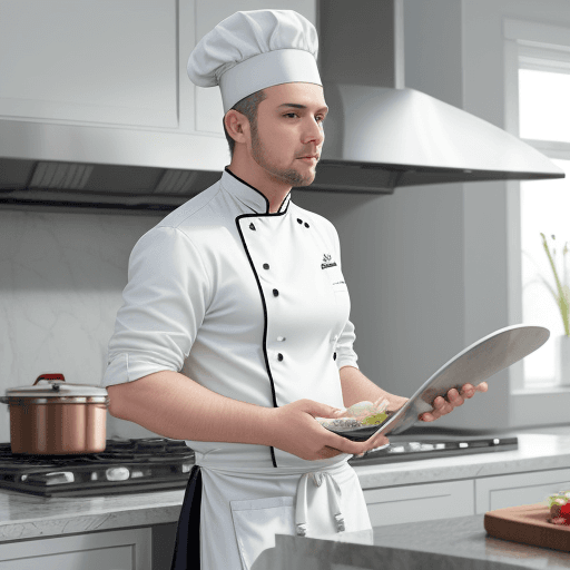 AI generated: white chef man use screen in kitchen
