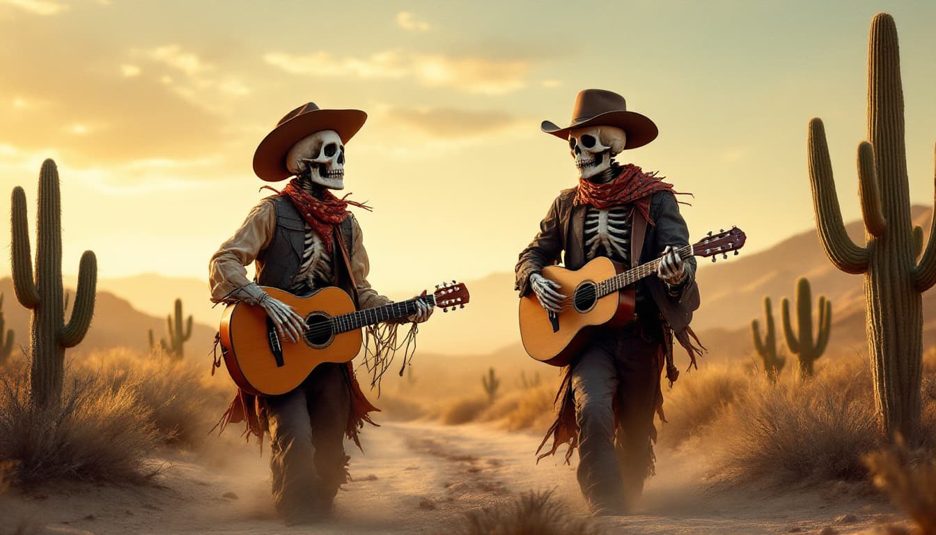 AI generated: Hola, quiero la siguiente imagen: Un hombre junto a dos calaveras caminando de espaldas en el desier...