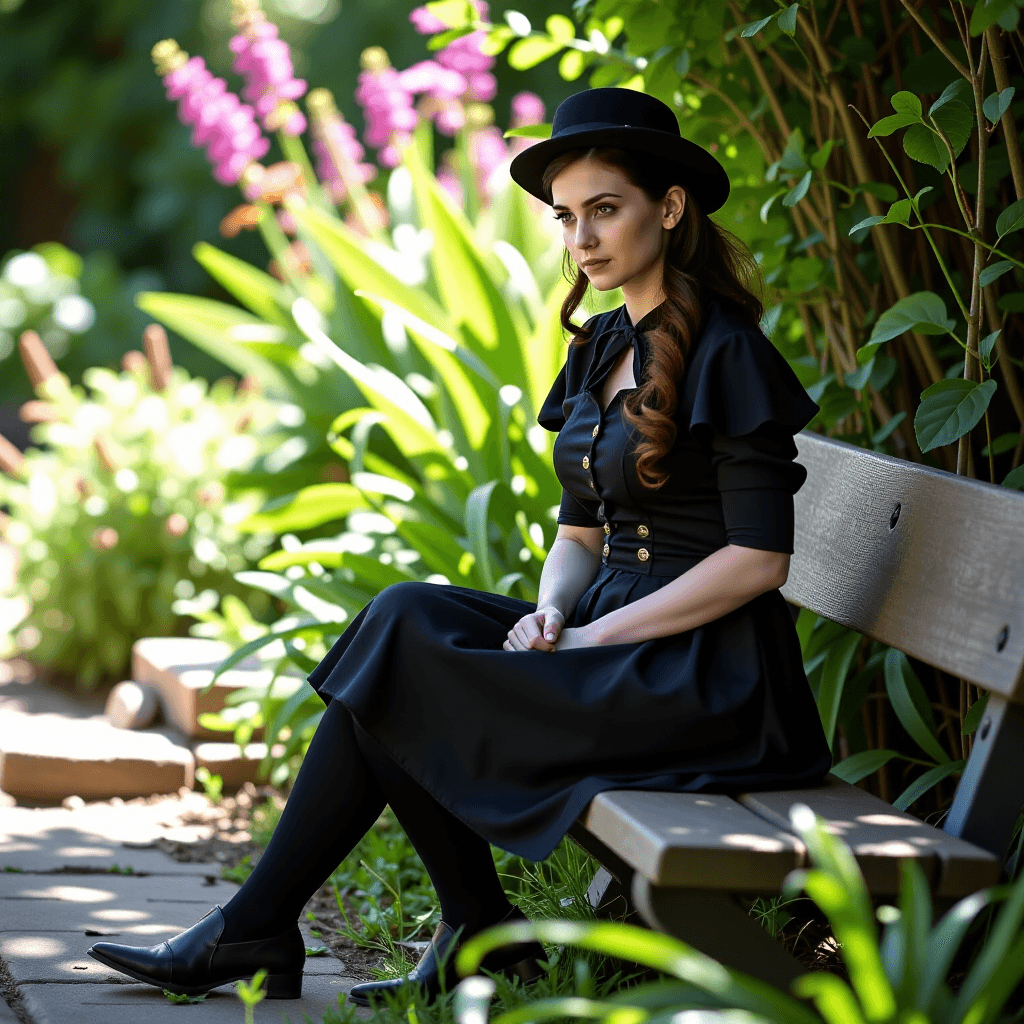 AI generated: Environmental portrait, Wednesday Addams cosplay, sitting on a stone bench, overgrown garden, sun da...