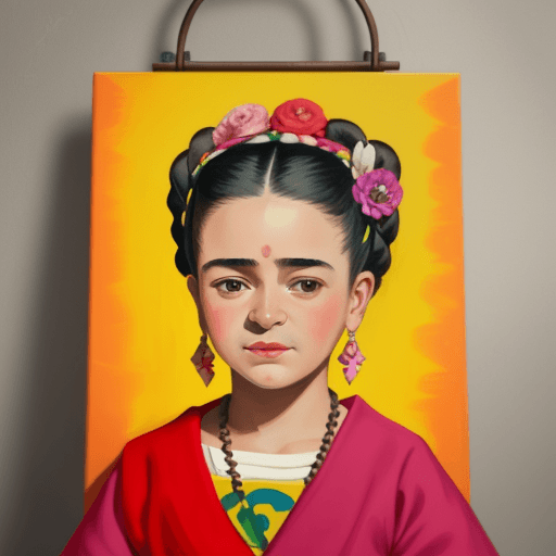 AI generated: **Frida Khalo as a child with a chubby face with smiling painting a canvas with a heart inside her b...