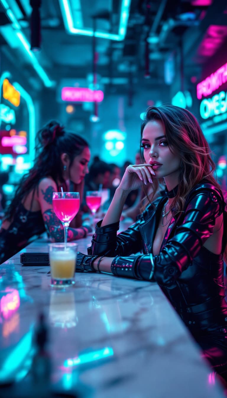 AI generated: Several beautiful women are sitting at the counter of a futuristic cyberpunk bar, wearing stylish cl...