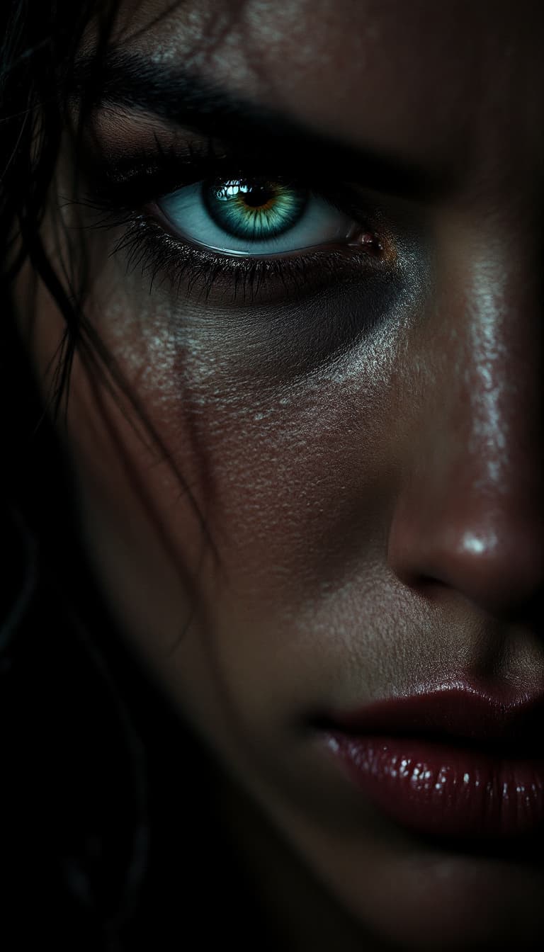 AI generated: Fierce woman with intense eyes, 3/4 turn view, dramatic lighting from below casting sharp shadows on...