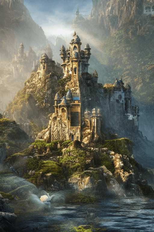 AI generated: Indian castle surrounded by water and nature, village, volumetric lighting, photorealistic, insanely...