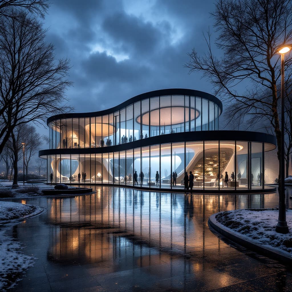 AI generated: minimalist architecture, 4 story building, long 100 metres, width 25 metres, land plot 100 metres lo...