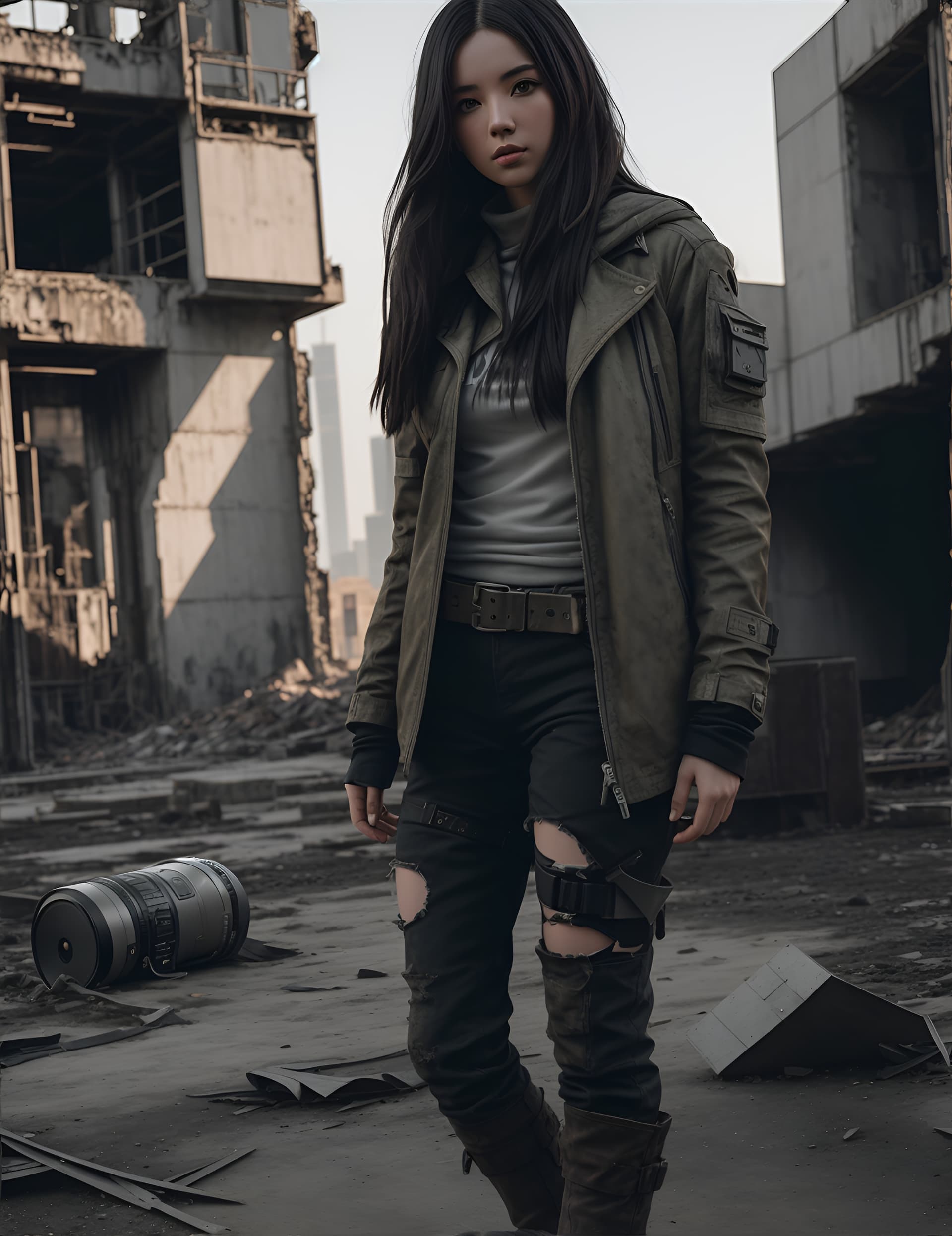 AI generated:  a full body portrait photo of 26 y.o woman in torn up clothes, long haircut, pale skin, slim body, ...