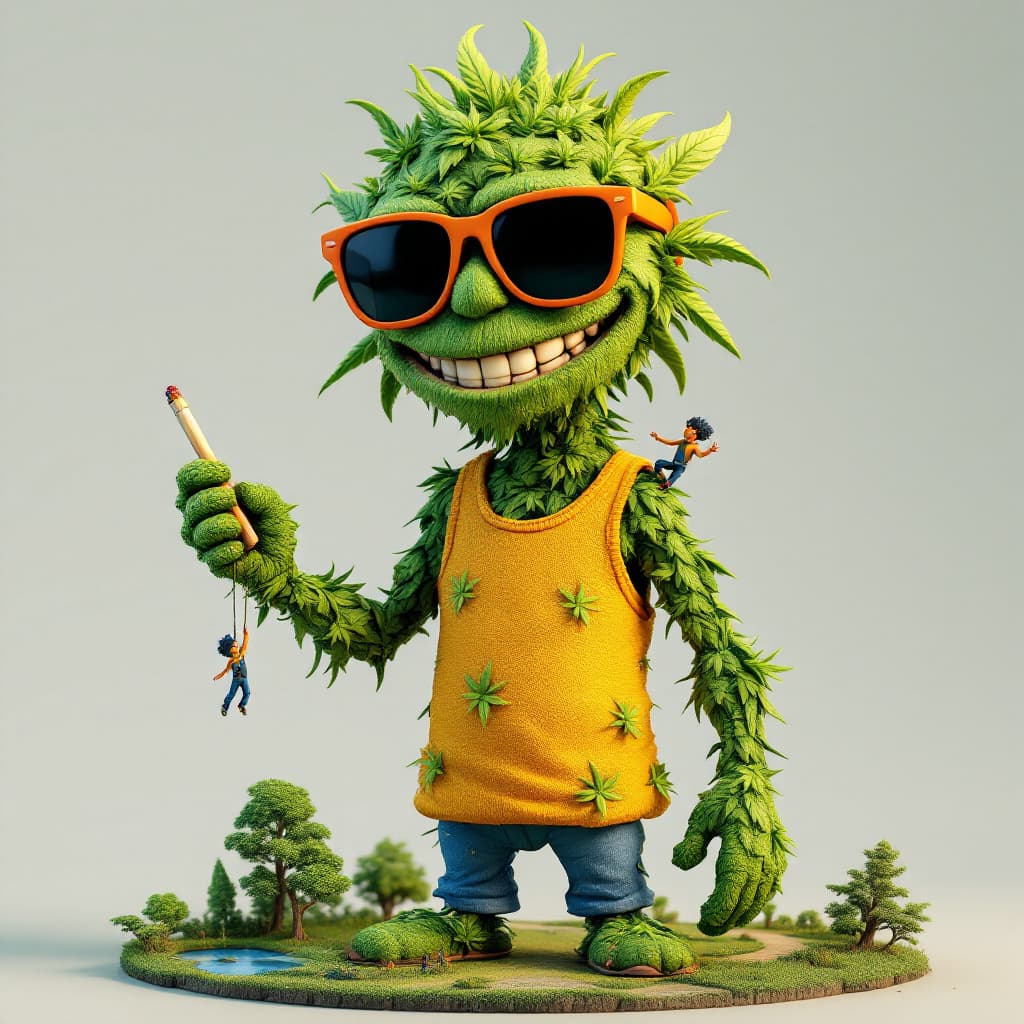 AI generated:  Create a 3D stylized version of a quirky, cartoonish humanoid character made entirely out of cannab...