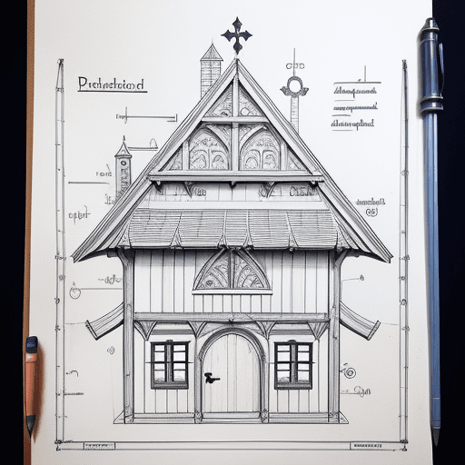 AI generated: detailed with notes, ink sketch of medieval preschool slick design clean lines blueprint perfect awe...