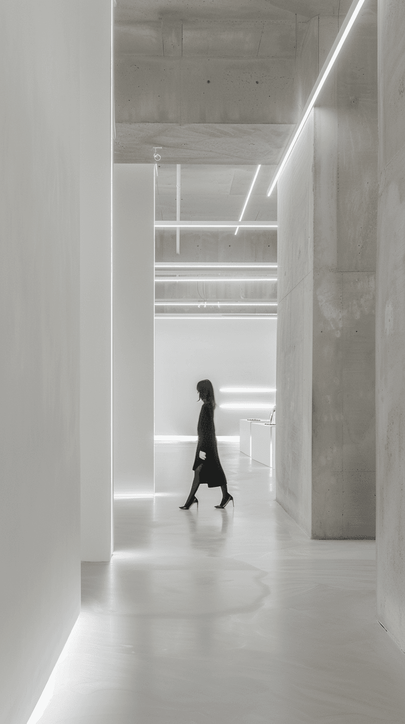 AI generated: photography, fashion store, whole white walls, white concrete floors, white ceiling, soft ambient --...