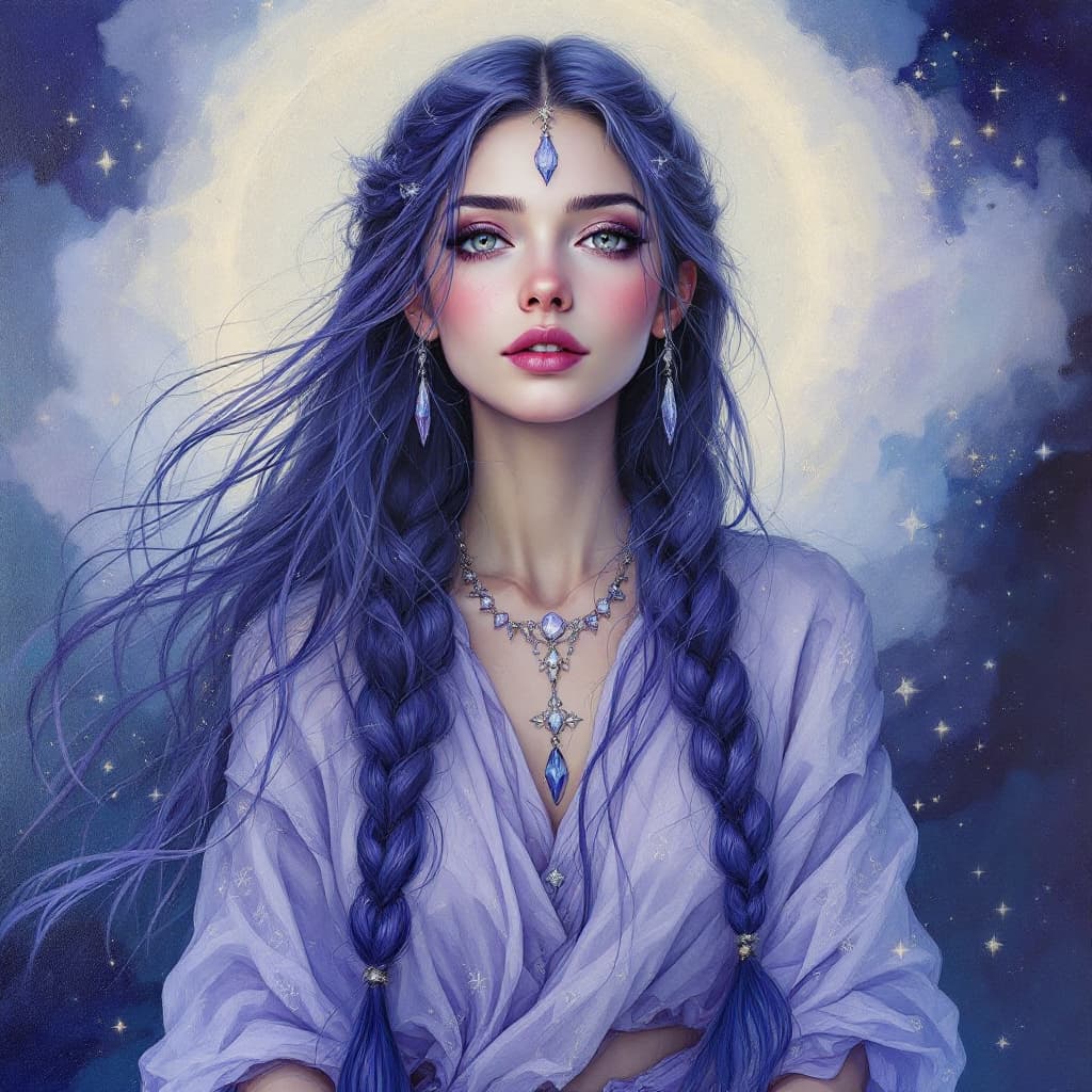AI generated: "Amethyst Mystic in a Realm of Souls": A mesmerizing abstract painting depicts a mystic with both co...