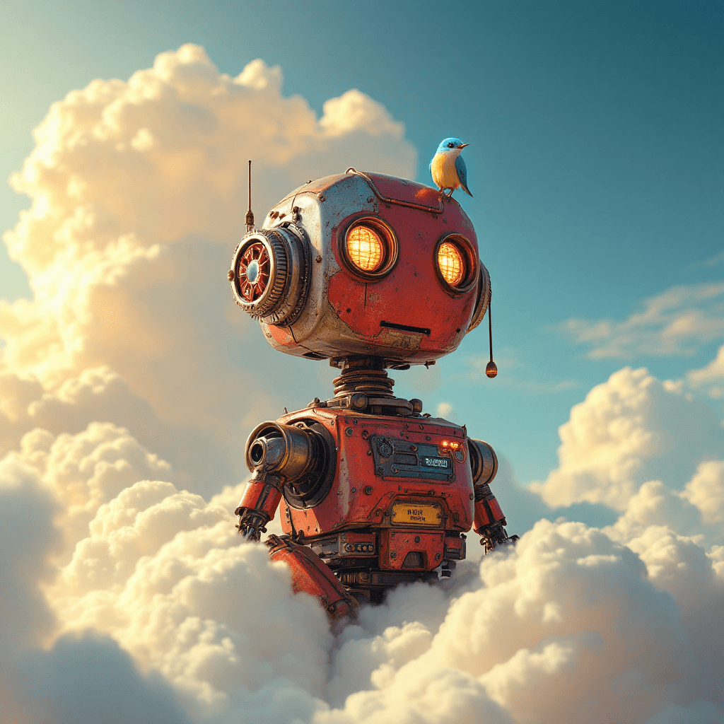 AI generated: A weathered, vintage robot with a deep red, rust-kissed metal body sits solemnly atop a soft, billow...