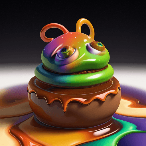 AI generated: realistic colorful melting toffee CGI mascot high on cannabis with galaxy swirl beady eyes