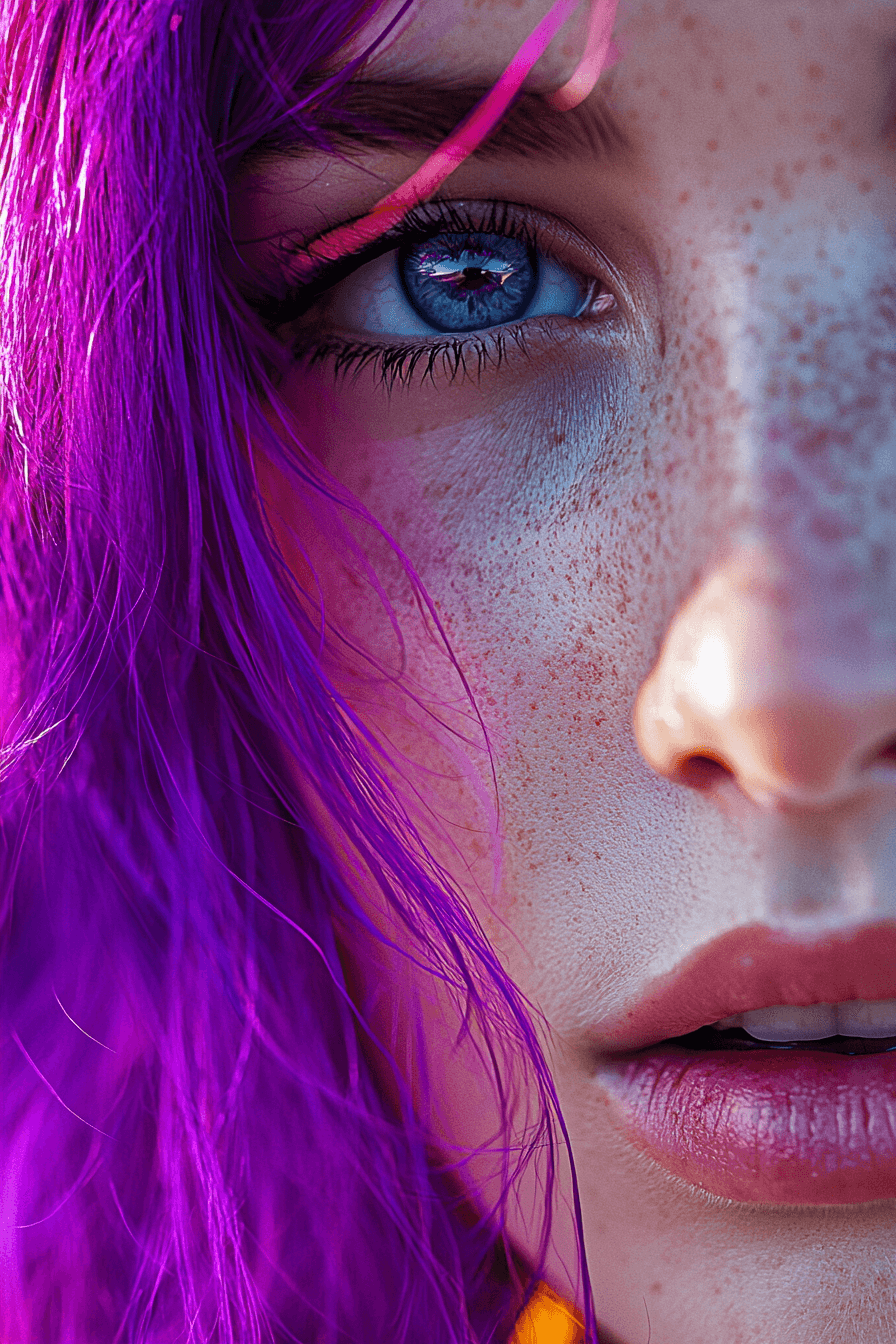 AI generated: A close-up portrait of a woman with vibrant purple hair, in the style of Andy Warhol and Richard Ave...