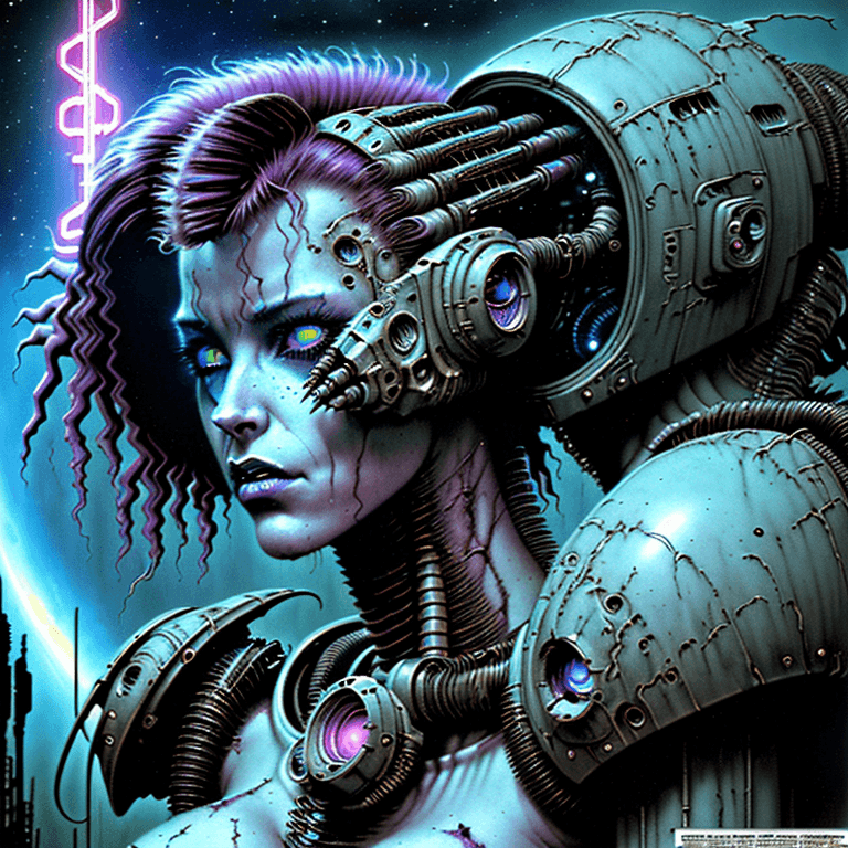 AI generated: a perfect Beautiful rugged female post apocalyptic retrowave synthwave cyborg, space age, creepy eer...