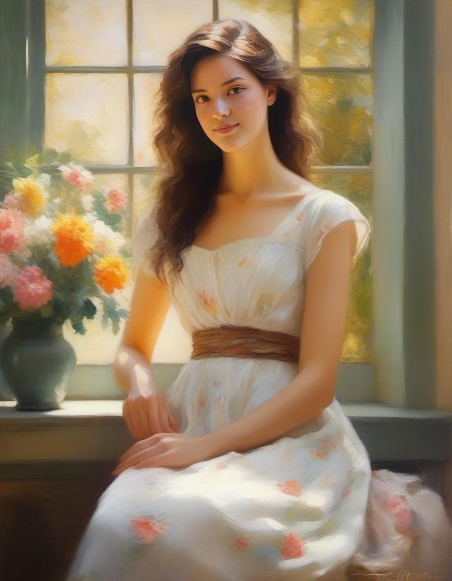 AI generated: oil painting of a beautiful girl in a summer dress sitting by a window holding flowers, in the style...