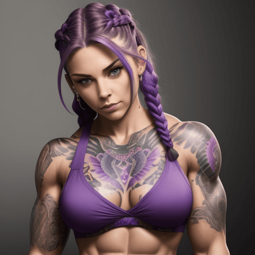 AI generated: muscular woman, tattoos, purple braided hair, looking at camera