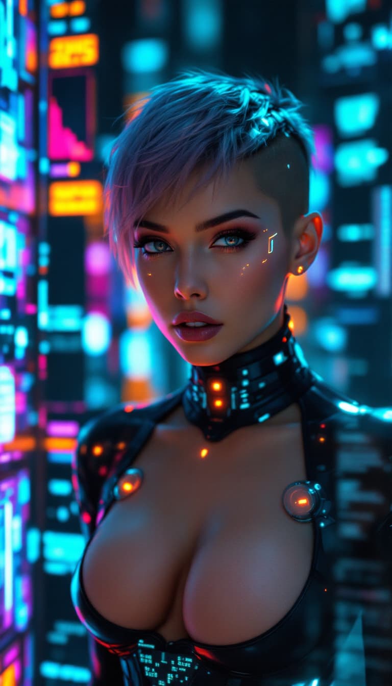 AI generated: Female cyberpunk hacker (ethnicity:0.8, age:0.9), (detailed clothing:1.3), (detailed accessories:1.3...