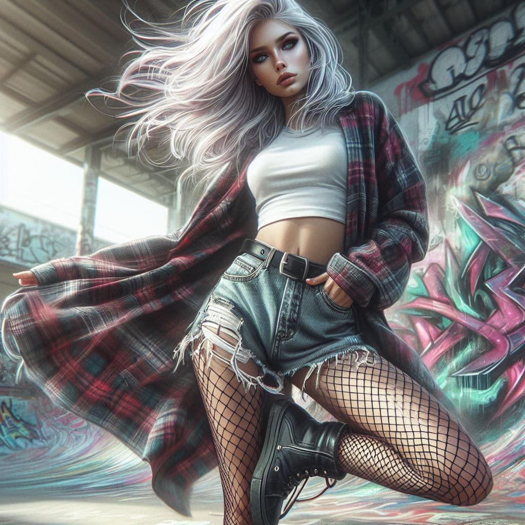 AI generated: painterly style, , Slim and svelte gothic woman with a slender waist and hips, posing with hands in ...
