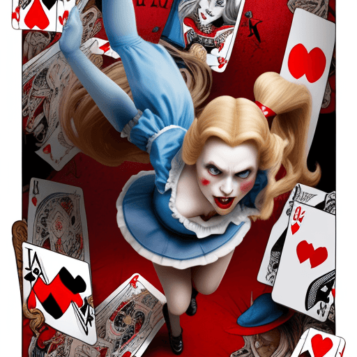 AI generated: Evil Alice in wonderland fighting the queen of hearts 