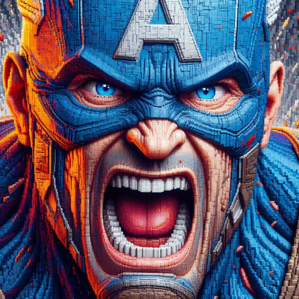 AI generated: Close-up of face of Captain America screaming, in a fit of rage, blue eyes, Masterpiece, gigantic sc...