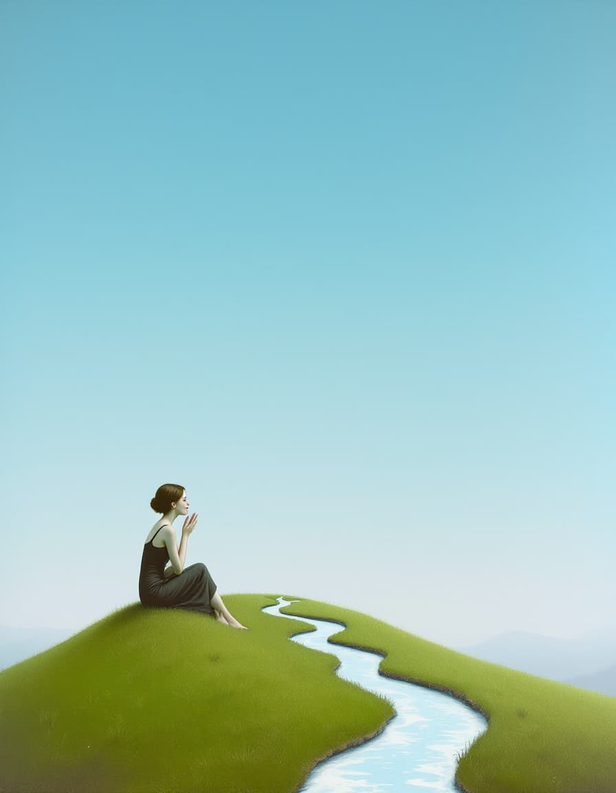 AI generated: A surrealist painting in the style of René Magritte: a woman sits alone on a small grassy hillock un...