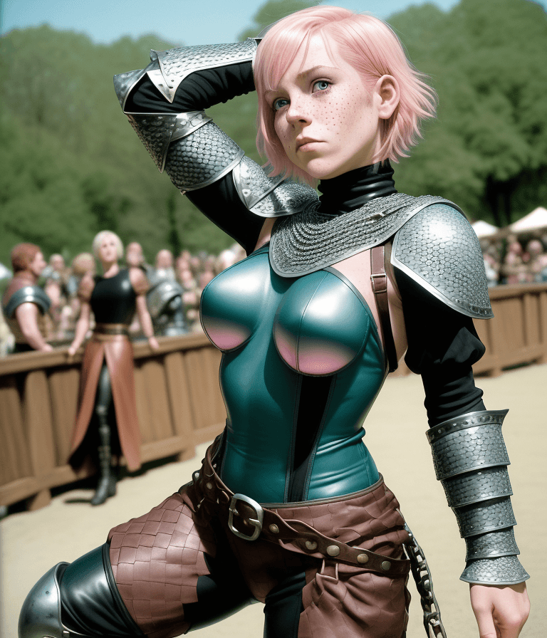 AI generated: It is D&D world, dynamic pose, girl, she has short length pink hair and teal highlights, she is emba...