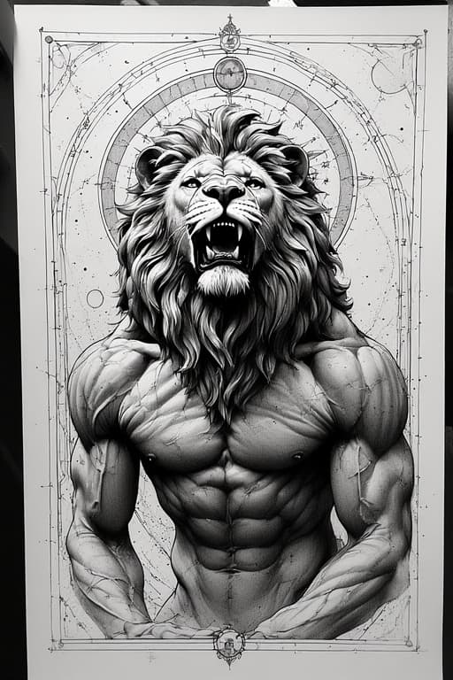 AI generated: Renaissance (((lion man))), mythic humanoid figure with the head and mane of a lion and the muscular...