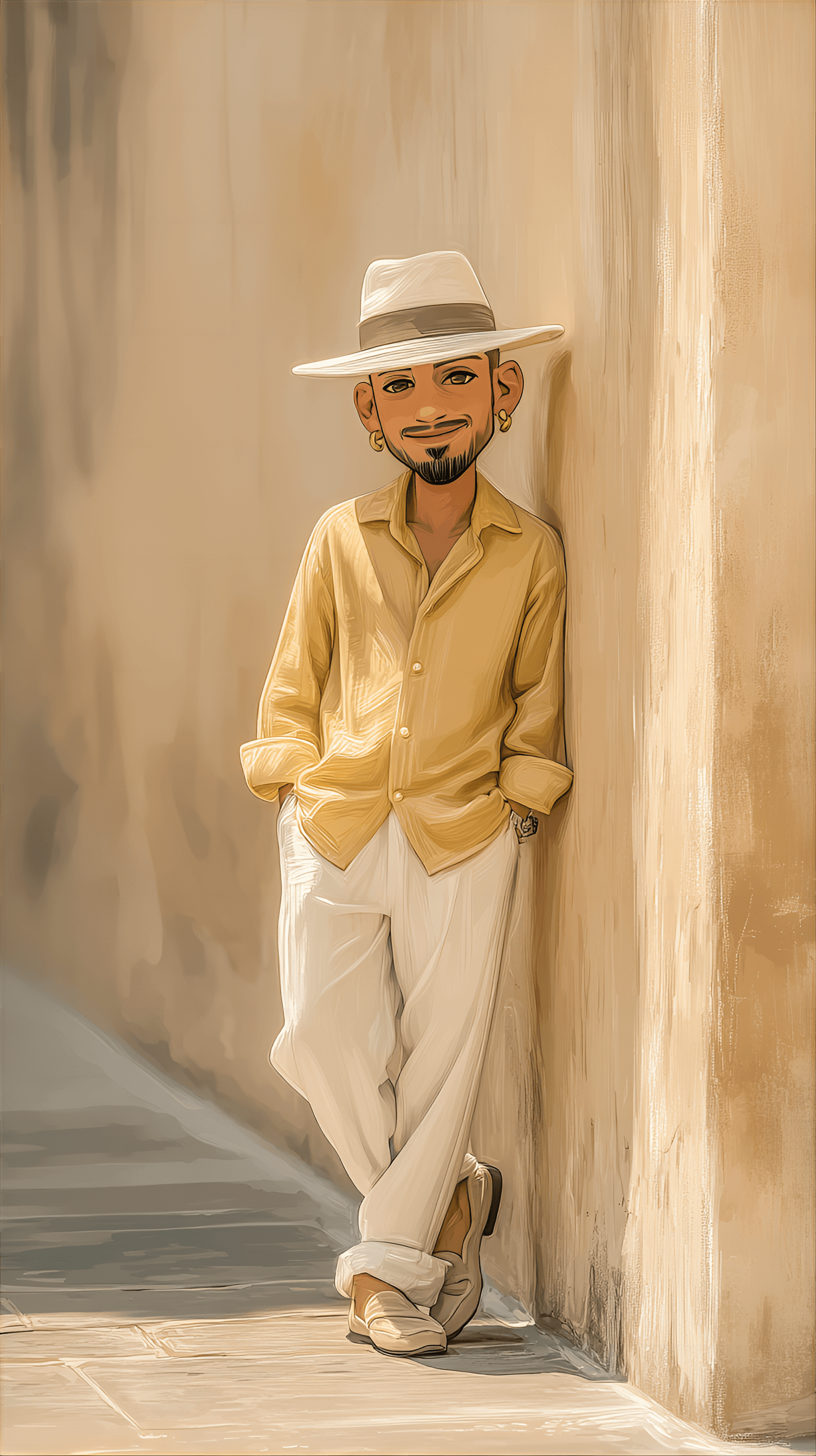 AI generated: cute caricature chibi, laid-back chibi fashionista, standing casually against building wall, the lai...