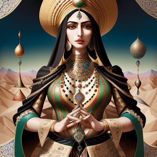 AI generated: Create a surreal digital masterpiece interspersed with Persian paintings from the Qajar period. Mode...